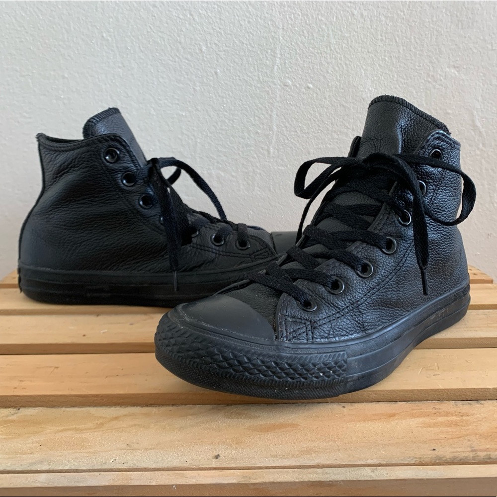 Black Leather Monochrome High top Converse